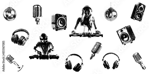 monochrome vector edm dj music in mezzotint photocopy effect, for grunge punk y2k collage design. disco microphone headphone retro elements. brutalist vintage illustration music poster.
