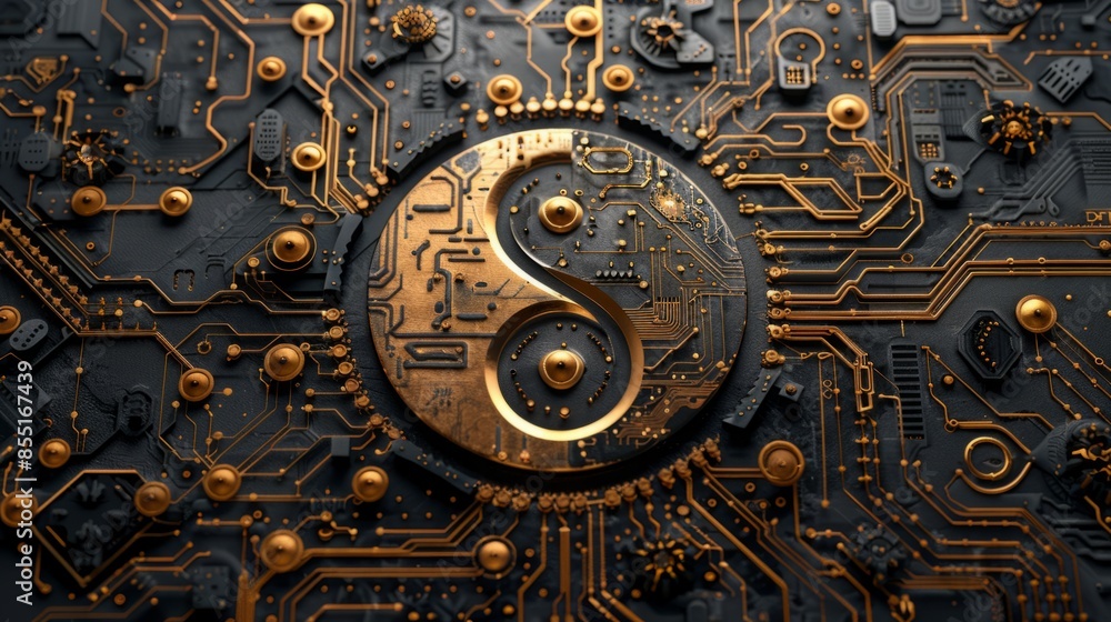 an abstract electronic board with a stylized yin-yang symbol in the center. the background of the circuit, the motherboard. an abstract electronic board with a stylized yin-yang symbol in the center. the background of the circuit, the motherboard.