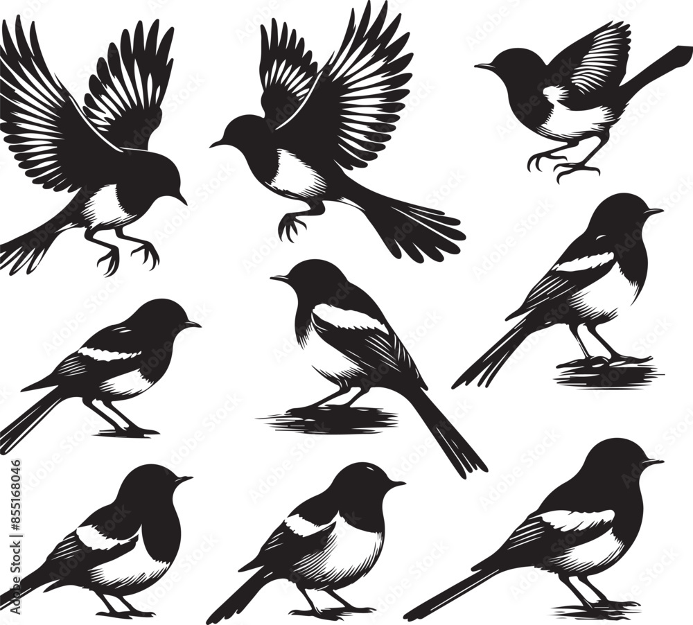 Copsychus saularis Vector Silhouette With white background Copsychus saularis Vector Silhouette With white background
