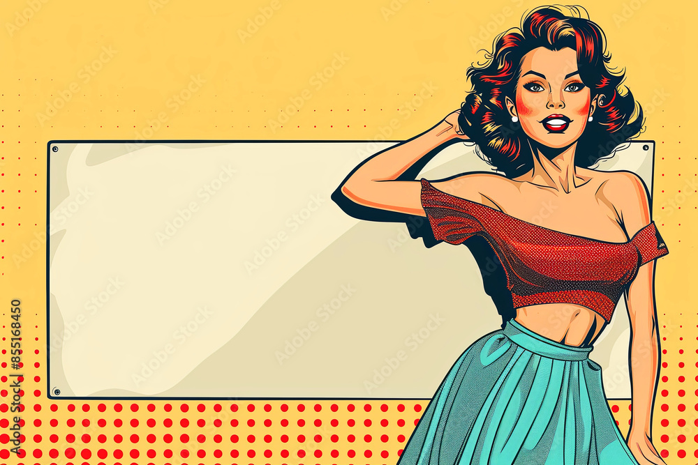 Fototapeta premium Pop art illustration with young woman in fashion dress. Vintage style, copy space