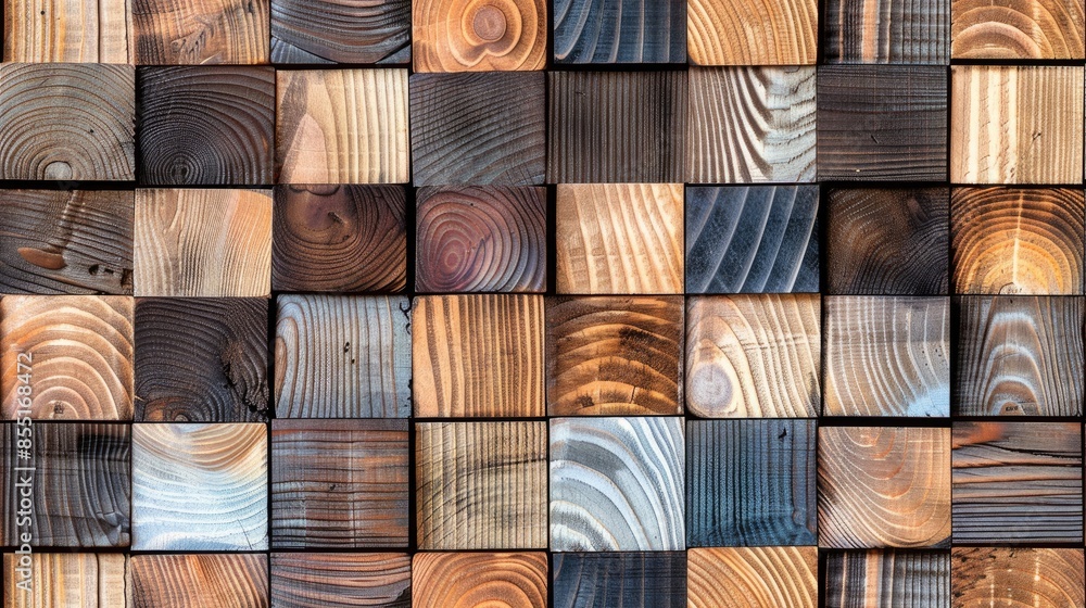 A seamless pattern of wooden squares, each with its own unique grain and texture, arranged in an aesthetically pleasing composition for wall decoration. SEAMLESS PATTERN A seamless pattern of wooden squares, each with its own unique grain and texture, arranged in an aesthetically pleasing composition for wall decoration. SEAMLESS PATTERN