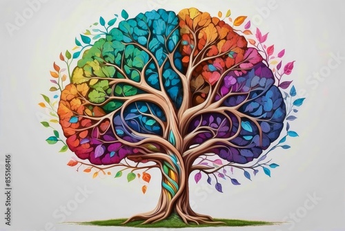 Colorful leaves falling from brain tree indicating mental and emotional conditions.