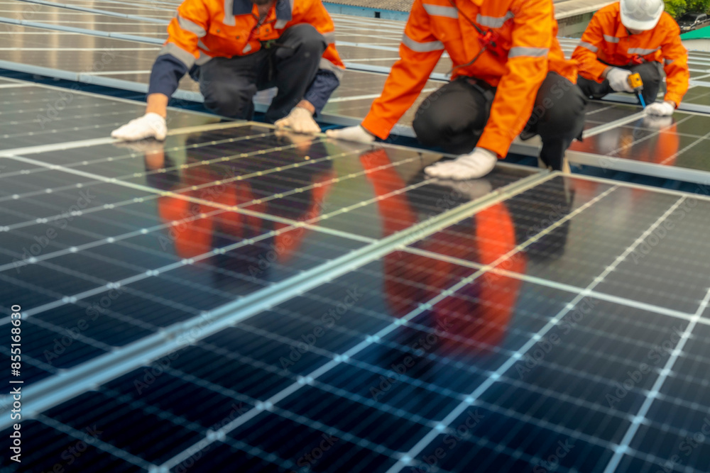 custom made wallpaper toronto digitalTwo engineer hands inspect newly installed solar panels on black with blurry reflections of technicians wearing reflective vests. Including pictures of solar cell panels with blurred circuit lines.