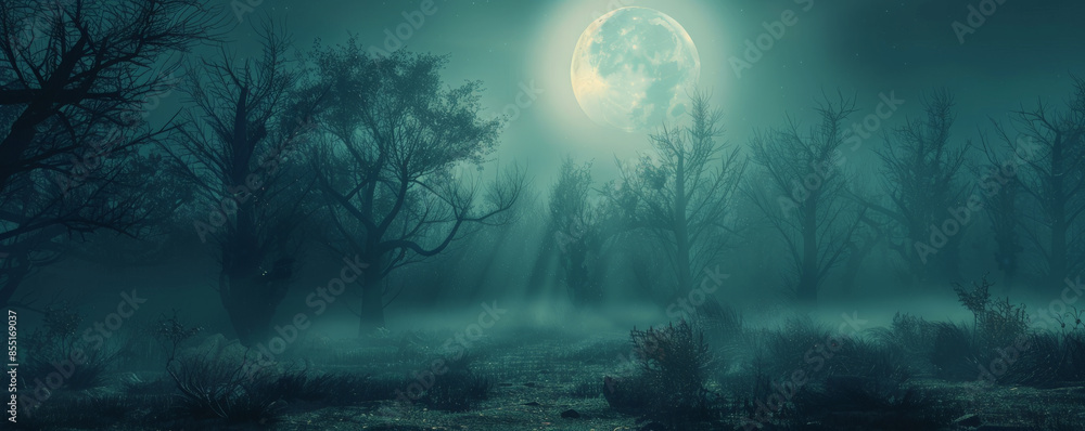 Fototapeta premium Halloween background with a dark, eerie forest and a full moon casting shadows.