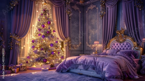 A luxurious bedroom with plush purple curtains and a grand Christmas tree adorned with purple and gold ornaments, the entire room glowing under the soft 