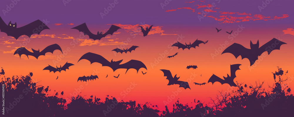 Halloween background with bats flying across a purple and orange sunset sky. Halloween background with bats flying across a purple and orange sunset sky.