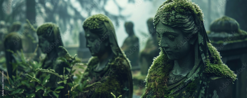 Fototapeta premium Halloween background with ancient, moss-covered statues in a forgotten graveyard.