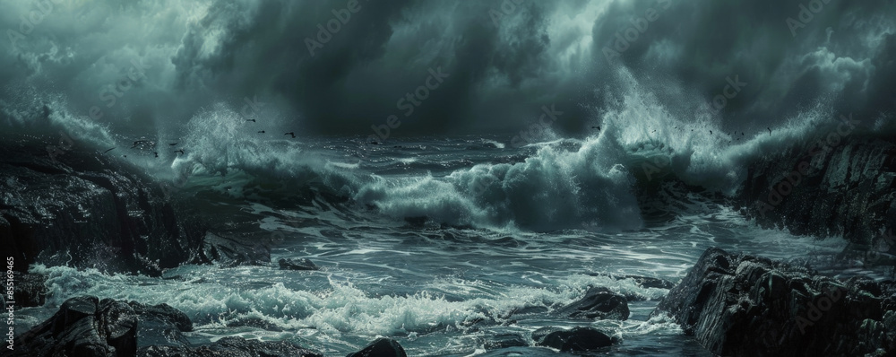 © wolfhound911 - Halloween background with dark, stormy ocean waves crashing against jagged rocks.