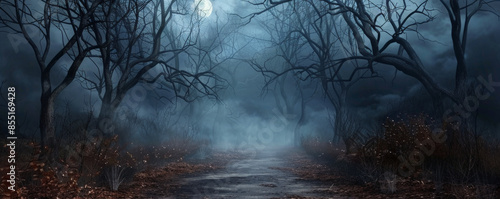 Halloween background with creepy, bare trees and a path leading into darkness. photo