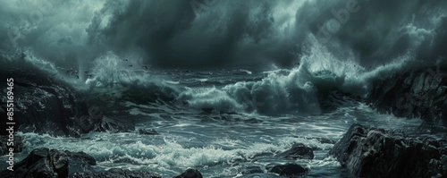 Halloween background with dark, stormy ocean waves crashing against jagged rocks.
