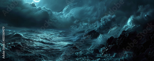 Halloween background with dark, stormy ocean waves crashing against jagged rocks.
