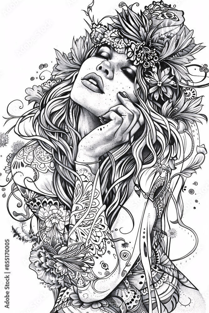 Fototapeta premium Black and White Line Art Portrait of a Woman with Intricate Details and Expressive Features, Artistic Fashion Illustration