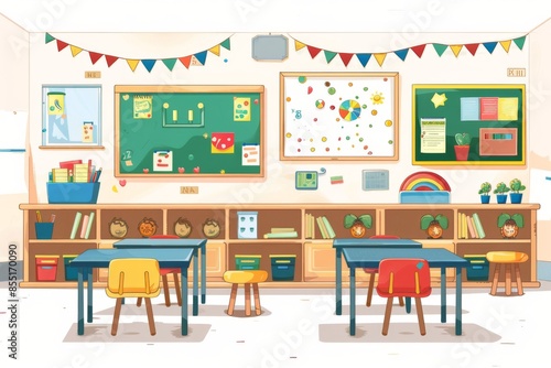 A colorful classroom setting with motivational posters, perfect for the back to school season. The bright decorations create a lively atmosphere for learning.