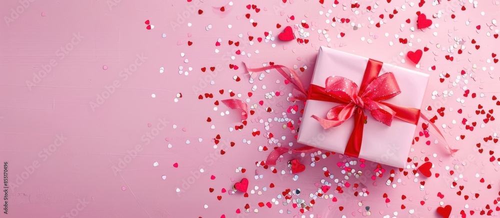 a gift box with a red ribbon and heart-shaped confetti on a pink background, in a top view Web banner with copy space Generative AI a gift box with a red ribbon and heart-shaped confetti on a pink background, in a top view Web banner with copy space Generative AI