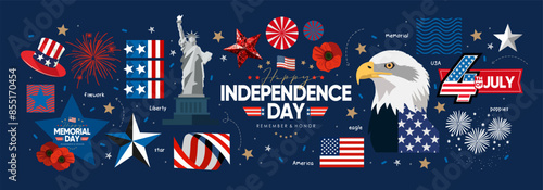 4th of July. US Independence Day. Vector illustration of American flag, star, objects, Statue of Liberty, symbol, eagle,sign, ribbon icon for greeting card, poster, banner, background or invitation.  