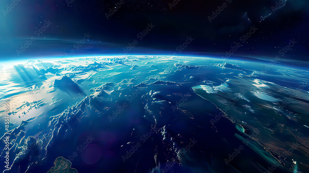 Fototapeta premium Beautiful depiction of Planet Earth as seen from space with clear blue waters diverse landscapes and dynamic cloud patterns surrounded by the serene darkness of the cosmos 