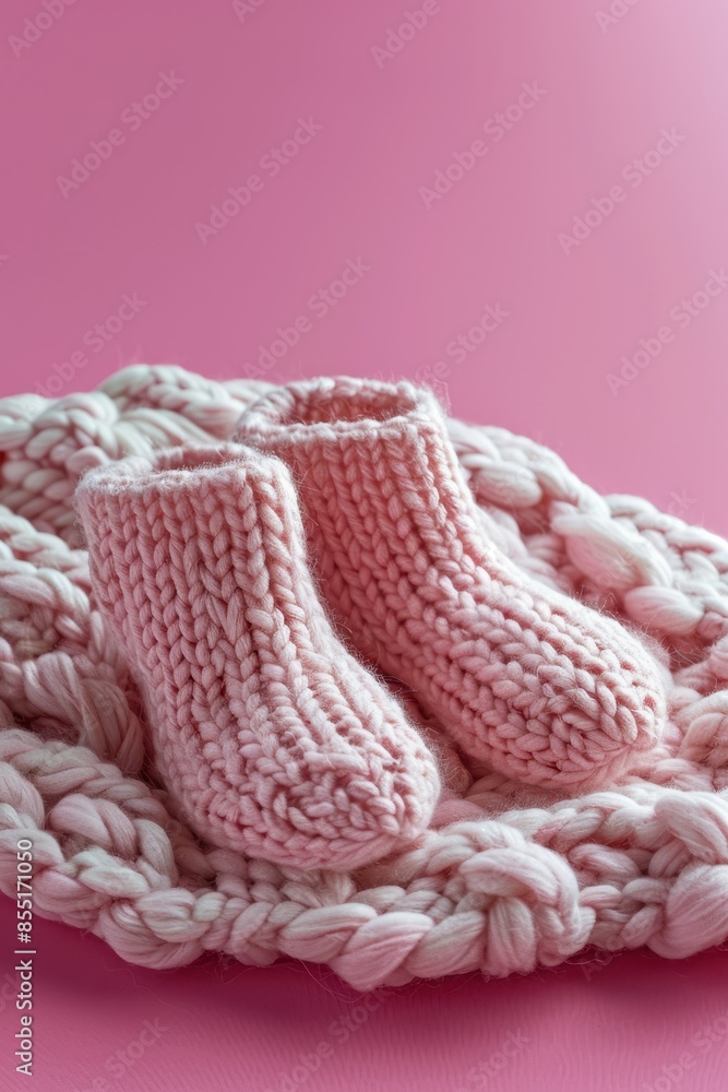 Hand-knit baby booties on pink background Hand-knit baby booties on pink background