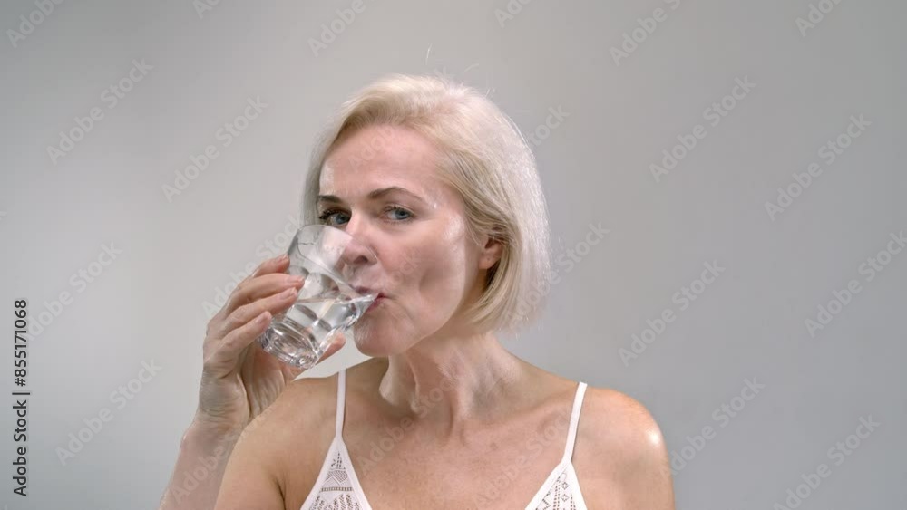 Cheerful mature woman with blonde hair drinks mineral water smiling on light grey background. Healthy senior female refreshes with clean aqua from glass. Senior lady supports hydration level Cheerful mature woman with blonde hair drinks mineral water smiling on light grey background. Healthy senior female refreshes with clean aqua from glass. Senior lady supports hydration level