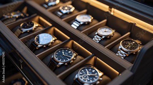 A luxury watch storage background featuring a high-end watch  drawer with various compartments each holding a prestigious watch, under soft accent lighting.