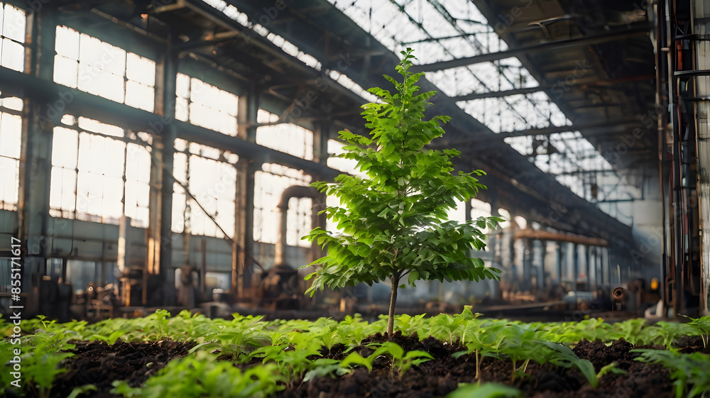 tiny lush tree with blurred industrial factory describe sustainable green concept tiny lush tree with blurred industrial factory describe sustainable green concept