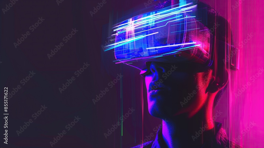 young boy with abstract glowing neon vr headset glitch effect modern digital art vibrant colors on dark background copy space young boy with abstract glowing neon vr headset glitch effect modern digital art vibrant colors on dark background copy space