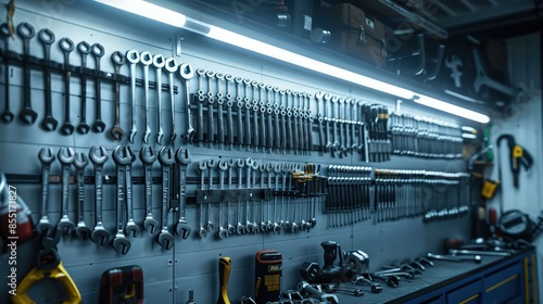 Atool storage background with walls lined with well-organized tools, wrenches, and auto parts, in a garage setting lit by fluorescent lights. photo