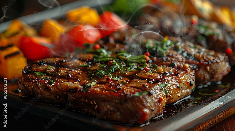 A close-up shot of a flat iron steak served with a side of grilled vegetables, the marbling and juicy texture in focus, steam rising to show the freshness and heat. A close-up shot of a flat iron steak served with a side of grilled vegetables, the marbling and juicy texture in focus, steam rising to show the freshness and heat.
