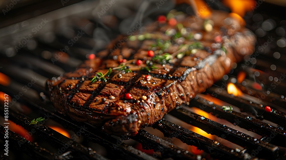 A close-up shot of a flat iron steak sizzling on a grill, with flames and smoke adding a dramatic effect, emphasizing the marbled fat and juicy, tender texture, complemented by distinct grill marks. A close-up shot of a flat iron steak sizzling on a grill, with flames and smoke adding a dramatic effect, emphasizing the marbled fat and juicy, tender texture, complemented by distinct grill marks.