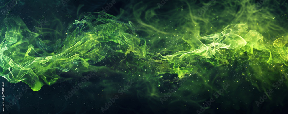 Fototapeta premium Smoke background with vibrant, lime green smoke trails on a dark surface.