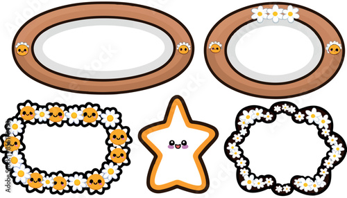 A delightful collection of kawaii floral frames featuring cute, smiling flowers and leaves in pastel colors. Perfect for invitations, greeting cards, and scrapbook designs, these adorable illustration