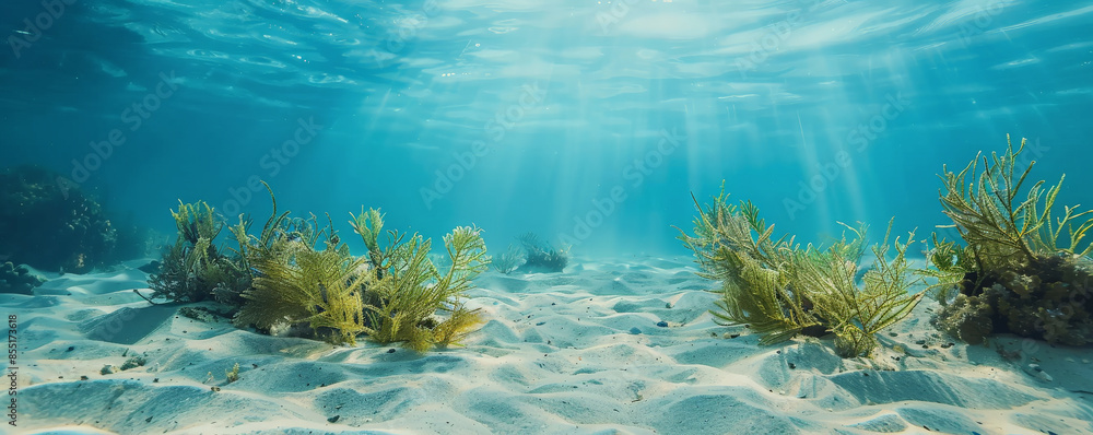 Fototapeta premium Underwater background with a clear view of a sandy seabed and small marine plants.