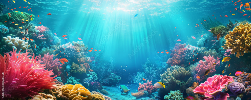 Naklejka premium Underwater background with a colorful coral garden and vibrant reef fish.