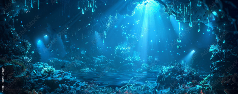 Underwater background with a crystal-clear cave filled with bioluminescent creatures. Underwater background with a crystal-clear cave filled with bioluminescent creatures.