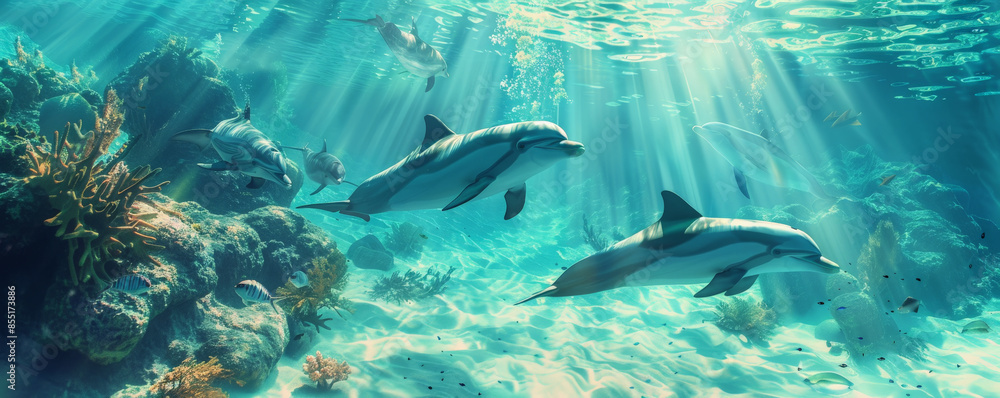 Fototapeta premium Underwater background with a playful dolphin pod in turquoise waters.