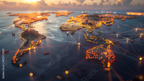 Global supply chain network with interconnected shipping routes and distribution hub