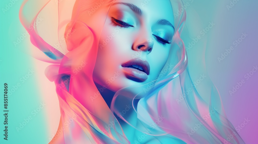 Woman face concept poster. Beautiful girl face creative abstract banner. Graphic design photorealistic style. Style of realistic glamour fashion photography. Digital illustration. AI artwork. Woman face concept poster. Beautiful girl face creative abstract banner. Graphic design photorealistic style. Style of realistic glamour fashion photography. Digital illustration. AI artwork.
