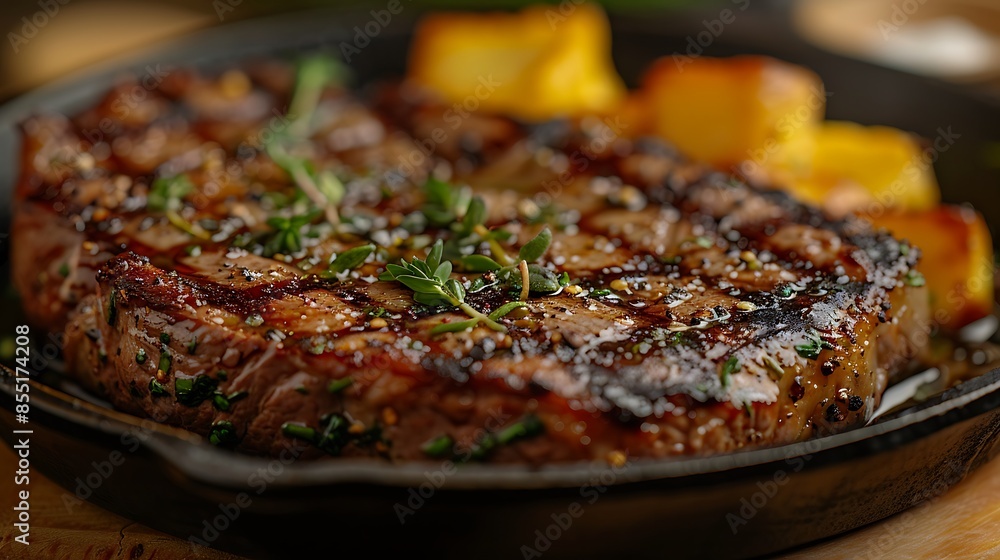 A close-up shot of a ribeye steak on a cast iron skillet, with butter and herbs sizzling around it, highlighting the marbling, juicy texture, and a perfect sear, the skillet adding a rustic touch. A close-up shot of a ribeye steak on a cast iron skillet, with butter and herbs sizzling around it, highlighting the marbling, juicy texture, and a perfect sear, the skillet adding a rustic touch.