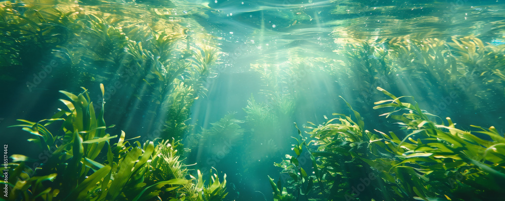Underwater background with lush, green seaweed swaying in the current. Underwater background with lush, green seaweed swaying in the current.