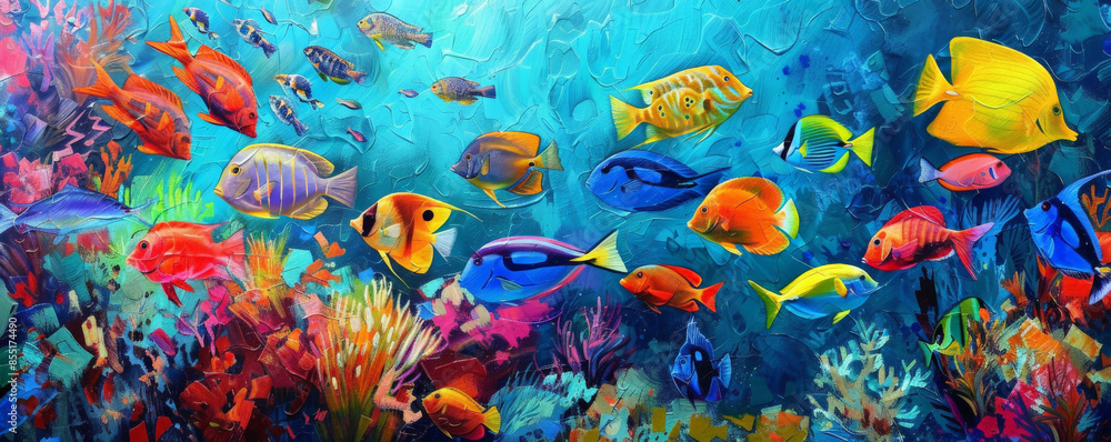 Fototapeta premium Underwater background with schools of tropical fish in every color of the rainbow.