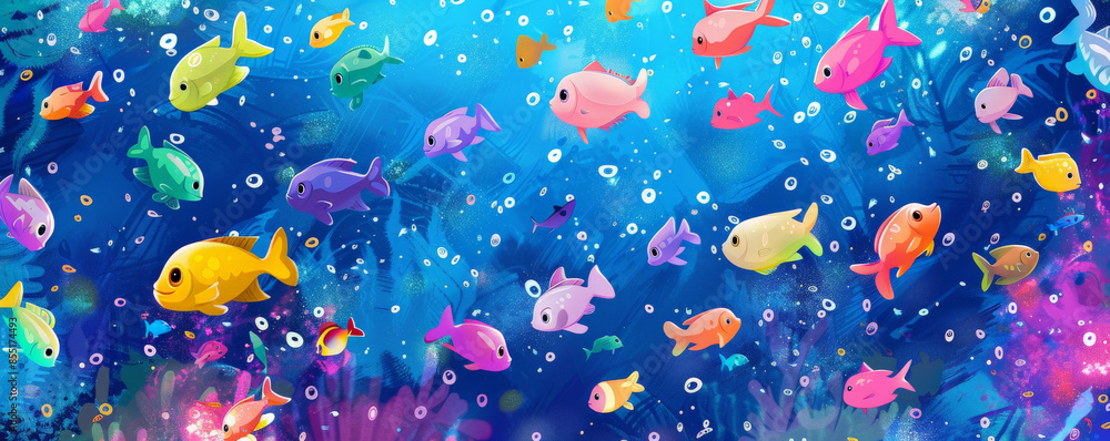Underwater background with schools of tropical fish in every color of the rainbow. Underwater background with schools of tropical fish in every color of the rainbow.