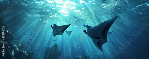 Underwater background with large, graceful manta rays gliding in open water. photo