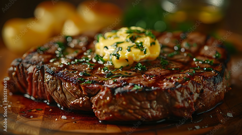 A close-up shot of a sirloin steak topped with a compound butter and fresh herbs, highlighting the lean, juicy texture, the butter melting over the steak creating a mouth-watering effect. A close-up shot of a sirloin steak topped with a compound butter and fresh herbs, highlighting the lean, juicy texture, the butter melting over the steak creating a mouth-watering effect.