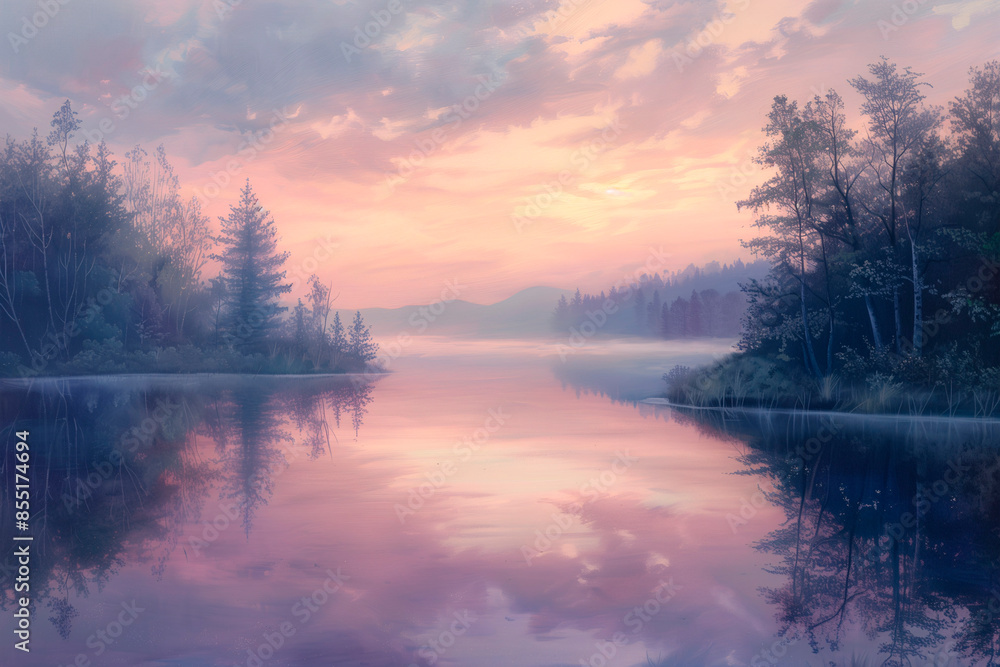 Illustration of serene dawn setting with gentle pastel hues of sky blend with calm, reflective waters of still lake. Illustration of serene dawn setting with gentle pastel hues of sky blend with calm, reflective waters of still lake.