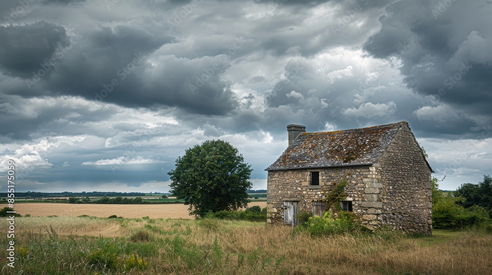 Historic stone house in rural landscape under cloudy sky Historic stone house in rural landscape under cloudy sky
