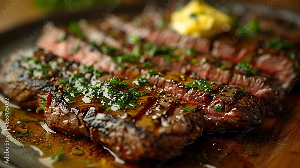 A close-up shot of a skirt steak topped with a compound butter and fresh herbs, highlighting the fibrous texture and rich flavor, the butter melting over the steak creating a mouth-watering effect. A close-up shot of a skirt steak topped with a compound butter and fresh herbs, highlighting the fibrous texture and rich flavor, the butter melting over the steak creating a mouth-watering effect.