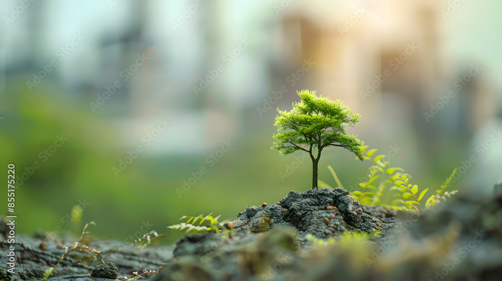 tiny lush tree with blurred industrial factory describe sustainable green concept tiny lush tree with blurred industrial factory describe sustainable green concept