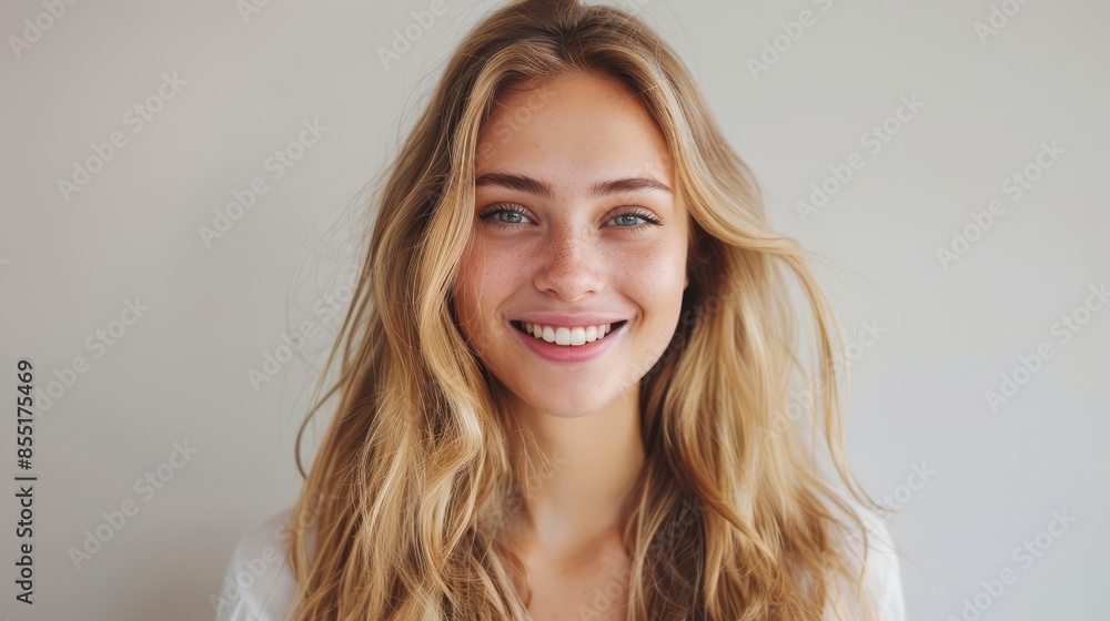 smiling young woman with long wavy blonde hair natural beauty and haircare concept highkey studio portrait smiling young woman with long wavy blonde hair natural beauty and haircare concept highkey studio portrait