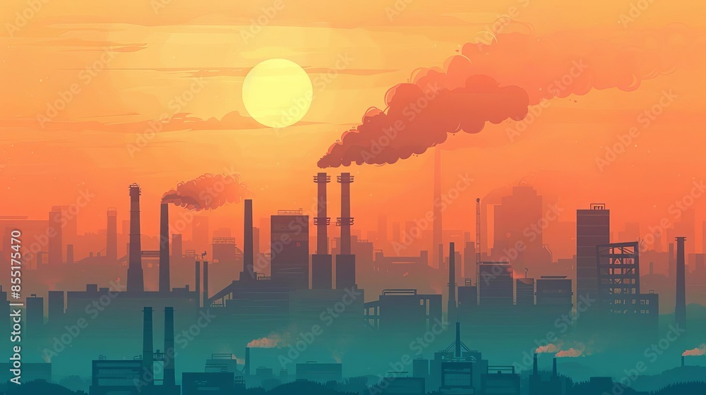 Fototapeta premium smoggy skies factory chimneys billowing carbon emissions into thick haze environmental concept illustration