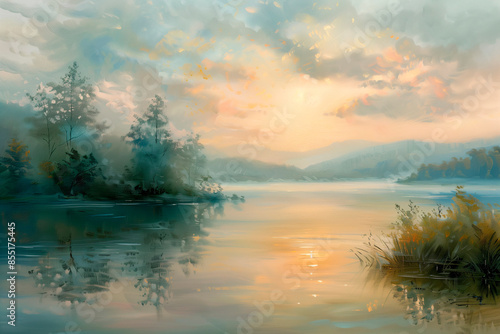 Illustration of calm dawn landscape where sky's soft pastel colors gracefully reflect off waters of lake symbolizing peaceful solitude. © Андрей Прилуцкий