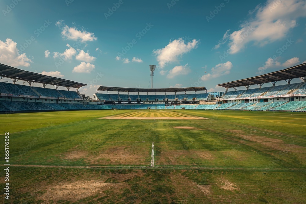 A deserted cricket stadium with a perfectly prepared pitch, awaiting the excitement of an upcoming match. The lush green grass and the stadium's empty seats create an atmosphere of anticipation. A deserted cricket stadium with a perfectly prepared pitch, awaiting the excitement of an upcoming match. The lush green grass and the stadium's empty seats create an atmosphere of anticipation.